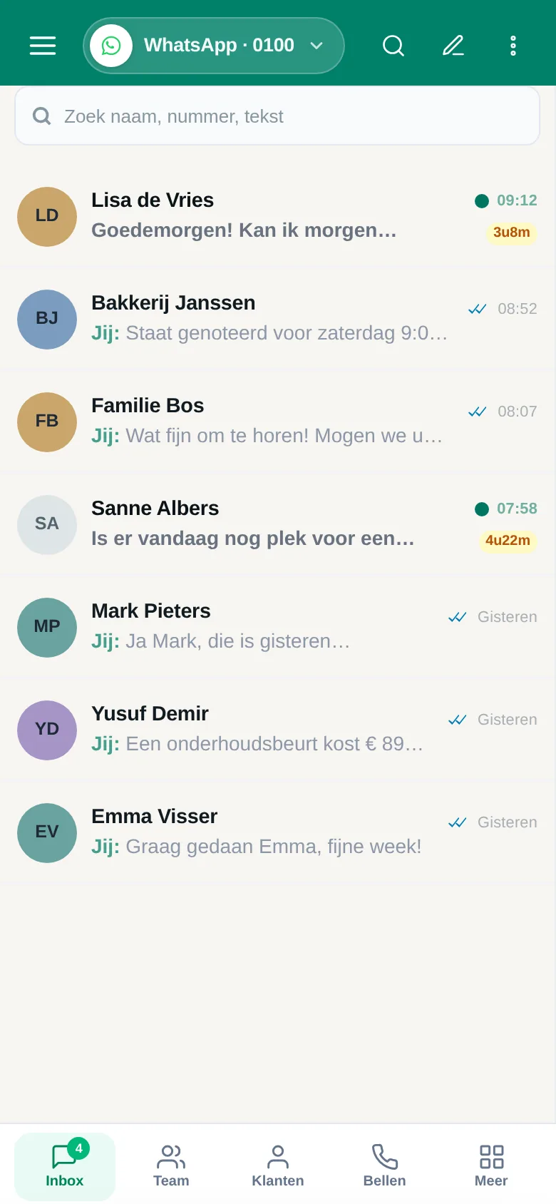 Slimbot-inbox op een telefoon (voorbeeldgegevens)